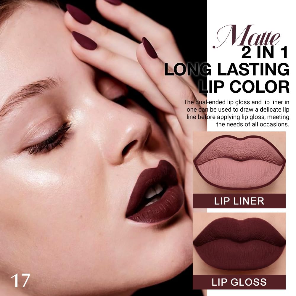 evpct 1Pcs Dark Deep Red Matte Lip Liner and Liquid Lipstick Stain Makeup Set for women, Red Long