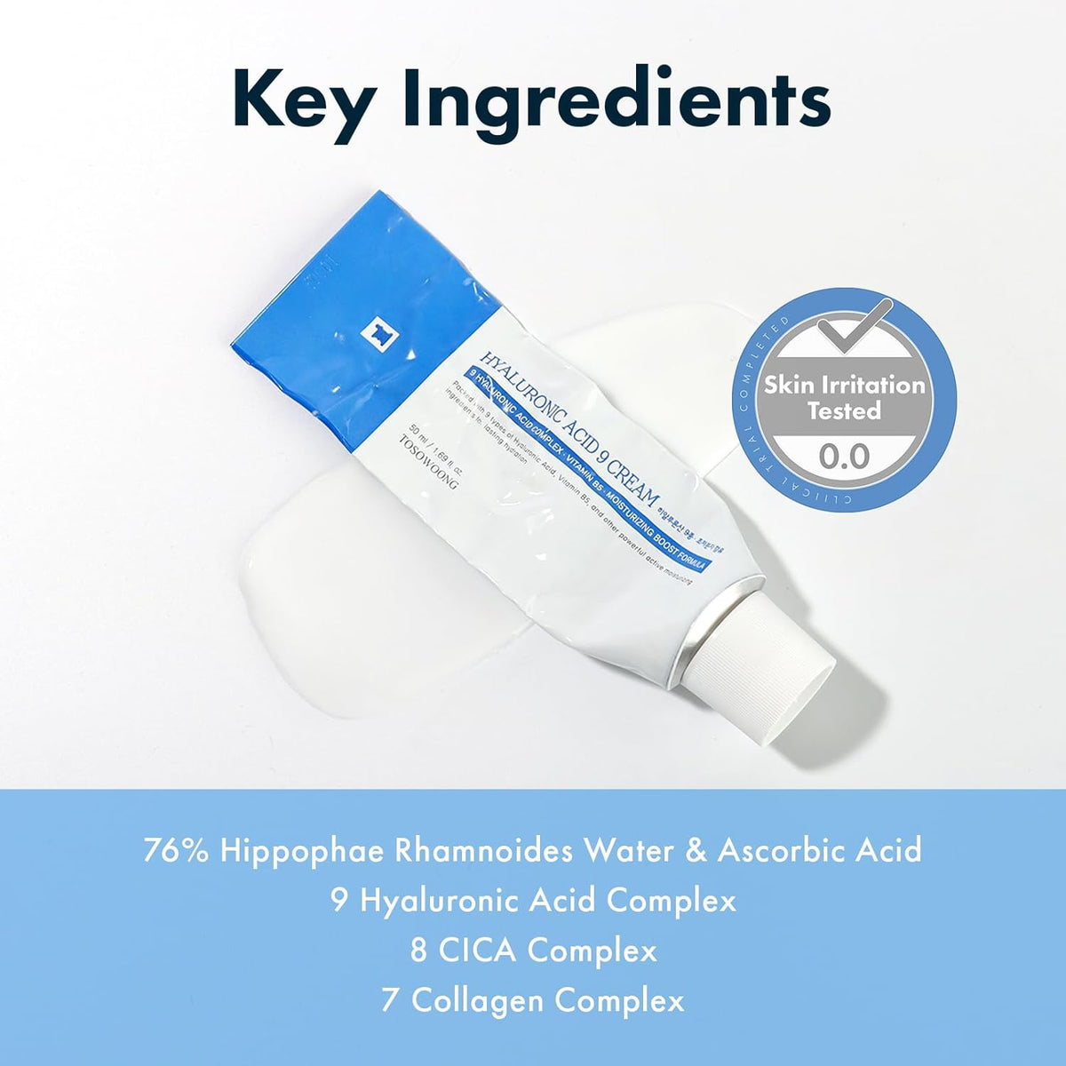 Hyaluronic Acid 9 Cream, Vitamin B5, Collagen, Niacinamide, Centella Asiatica Extract, Long-lasting