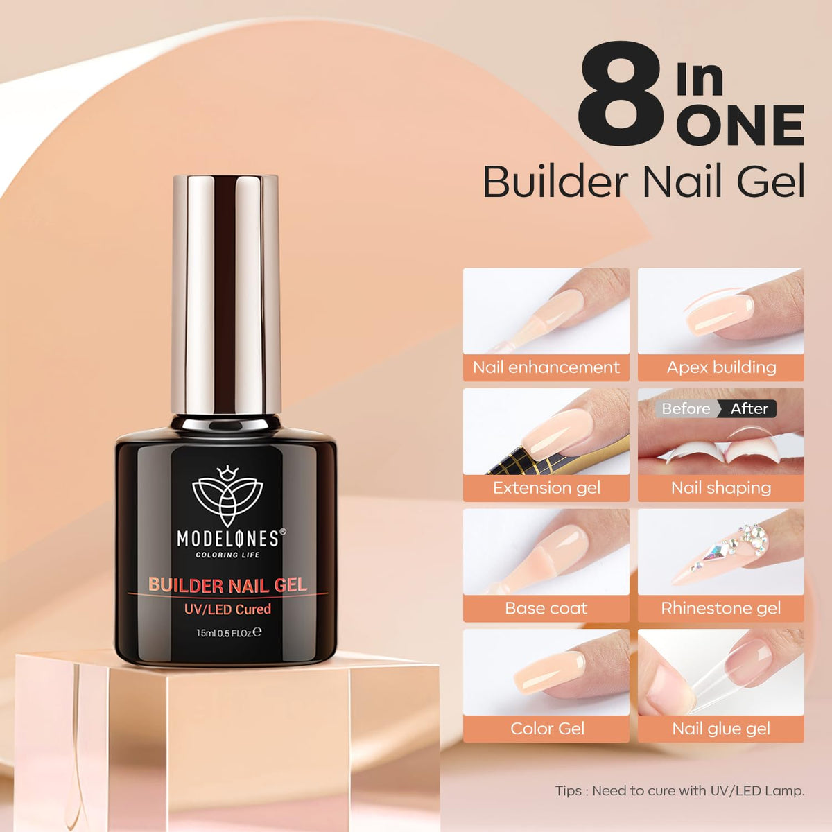 modelones Builder Nail Gel, 8-in-One Gold Shimmer Builder, Champagne Sparkle Glitter Rubber Color