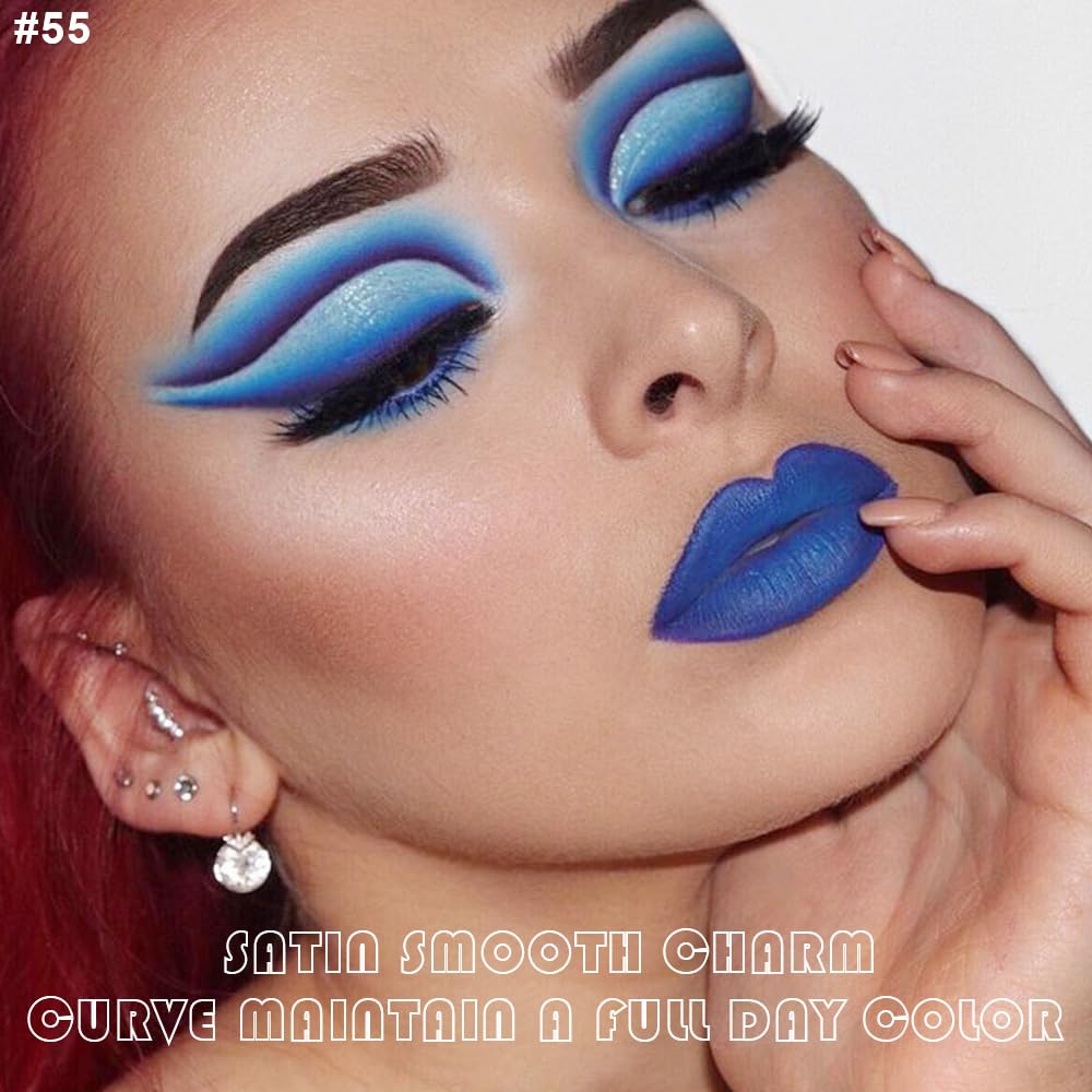 evpct 2Pcs Dark Royal Blue Matte Liquid Lipstick Lip Gloss Stain and Retractable Lip Liner Makeup