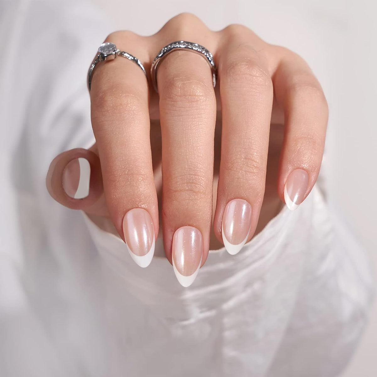 French Tip Press On Nails - BTArtbox White Almond Medium Reusable Stick On Nails in 15 Sizes - 30