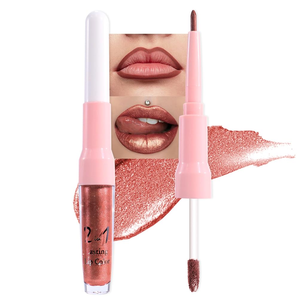 evpct Copper Metallic Glitter Lip Liner and Lipstick Combo Lip Gloss Stain Set Makeup for Women