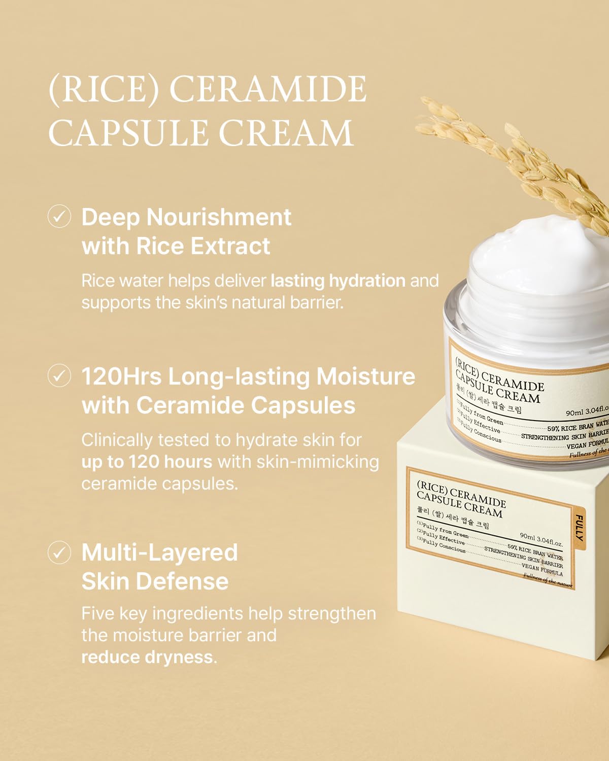 FULLY Rice Ceramide Moisturizing Cream – Deep Hydration Korean Facial Cream with Rice Bran Extract