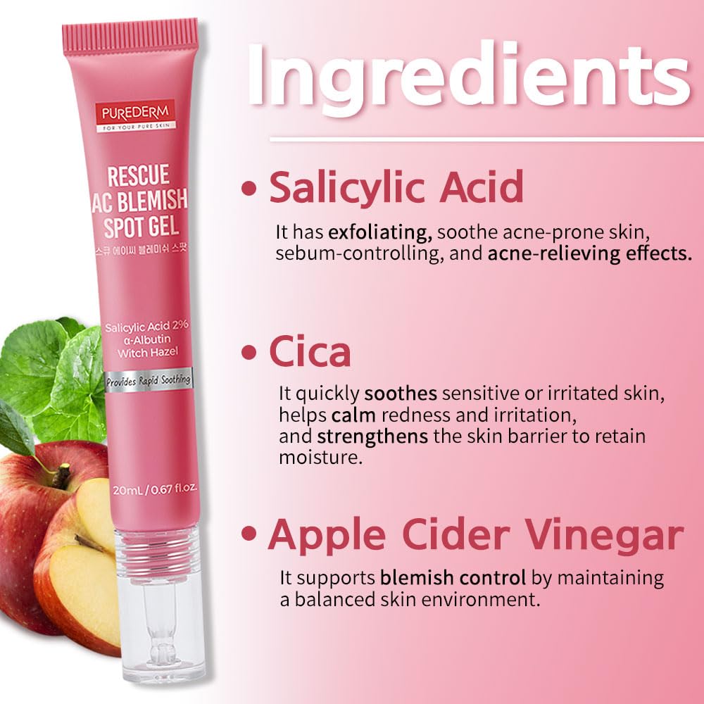 Purederm Blemish Spot Treatment Gel with Salicylic Acid 2%, Soothing Acne Care for Irritated Skin