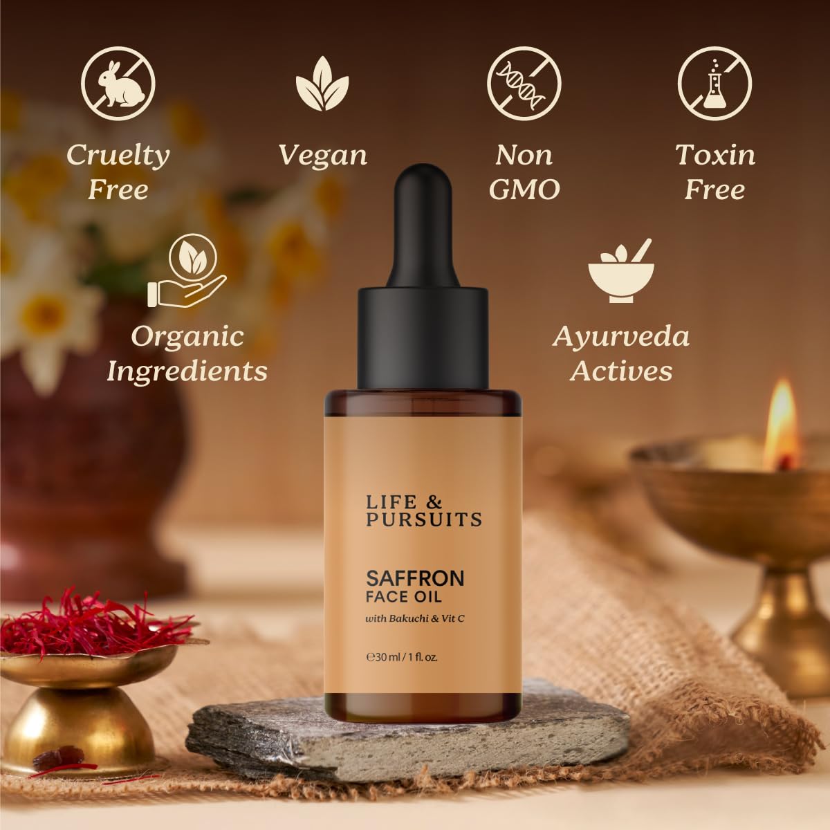Life & Pursuits Saffron Face Oil 1 Fl Oz with Kashmir Saffron, Bakuchi, Vitamin C for Face