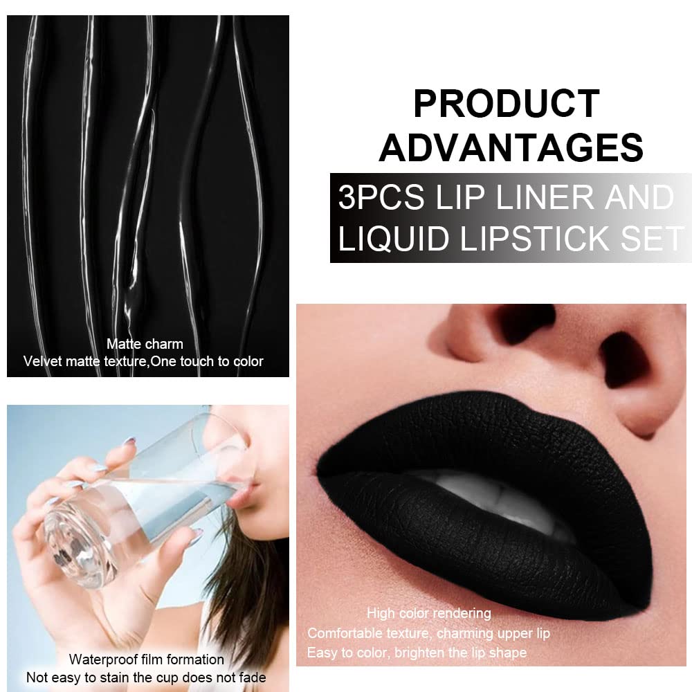 evpct 3Pcs Dark Black Purple Royal Blue Matte Lip Liner and Liquid Lipstick Lip Stain Makeup Set