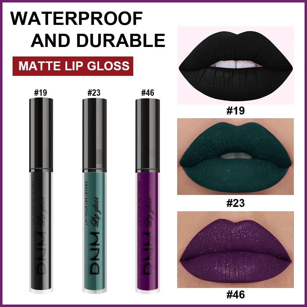 evpct 3Pcs Dark Black Green Purple Matte Liquid Lipstick Lip Stain Sets for Women Long Lasting