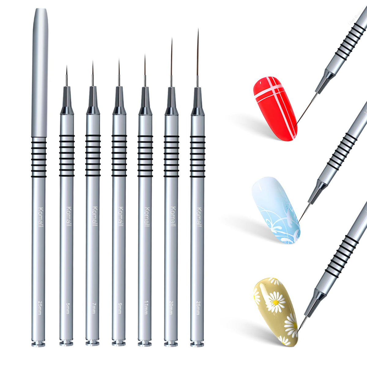Metallic Nail Art Brushes, 6Pcs Non Slip Liner Brush Set, UV Gel Polish Painting Art Design Pen for