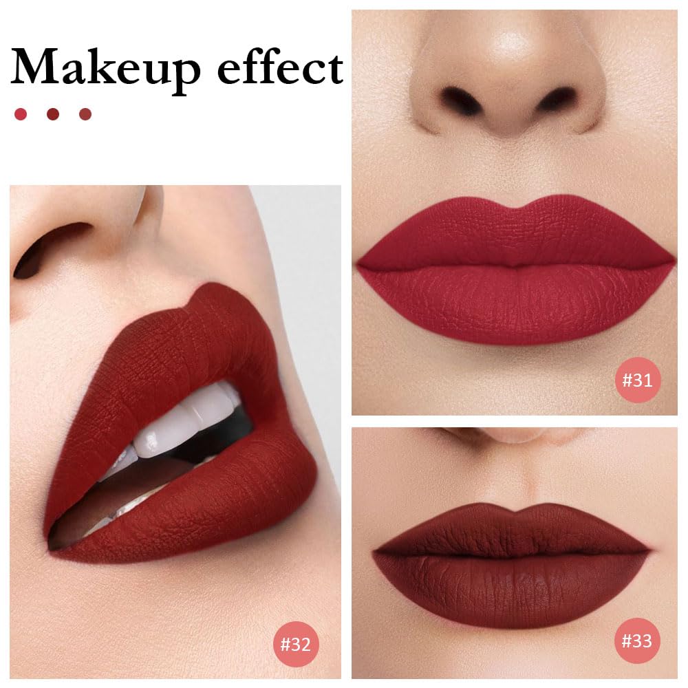 evpct 3Pcs Dark Deep Ruby Light Rose red Brown red Matte Liquid Lipstick Sets for Women 24-hour