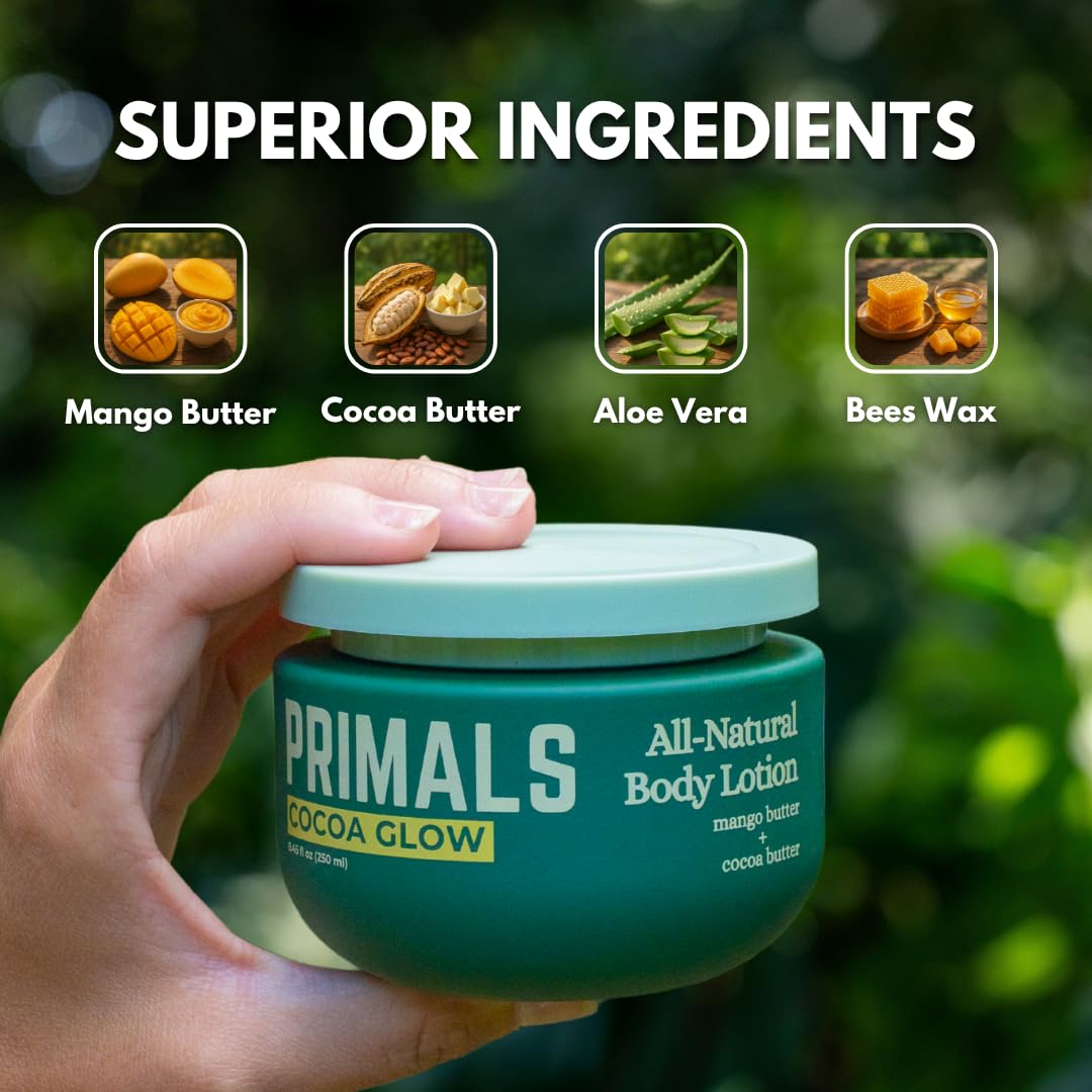 PRIMALS All Natural Body Lotion - Cocoa Butter & Mango Butter - 100% Naturally Derived Ingredients