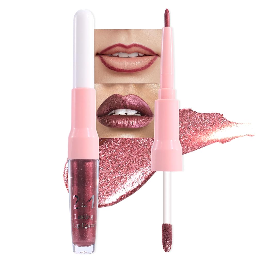 evpct Dark Wine Red Metallic Glitter Lip Liner and Lipstick Combo Lip Gloss Stain Set Makeup for