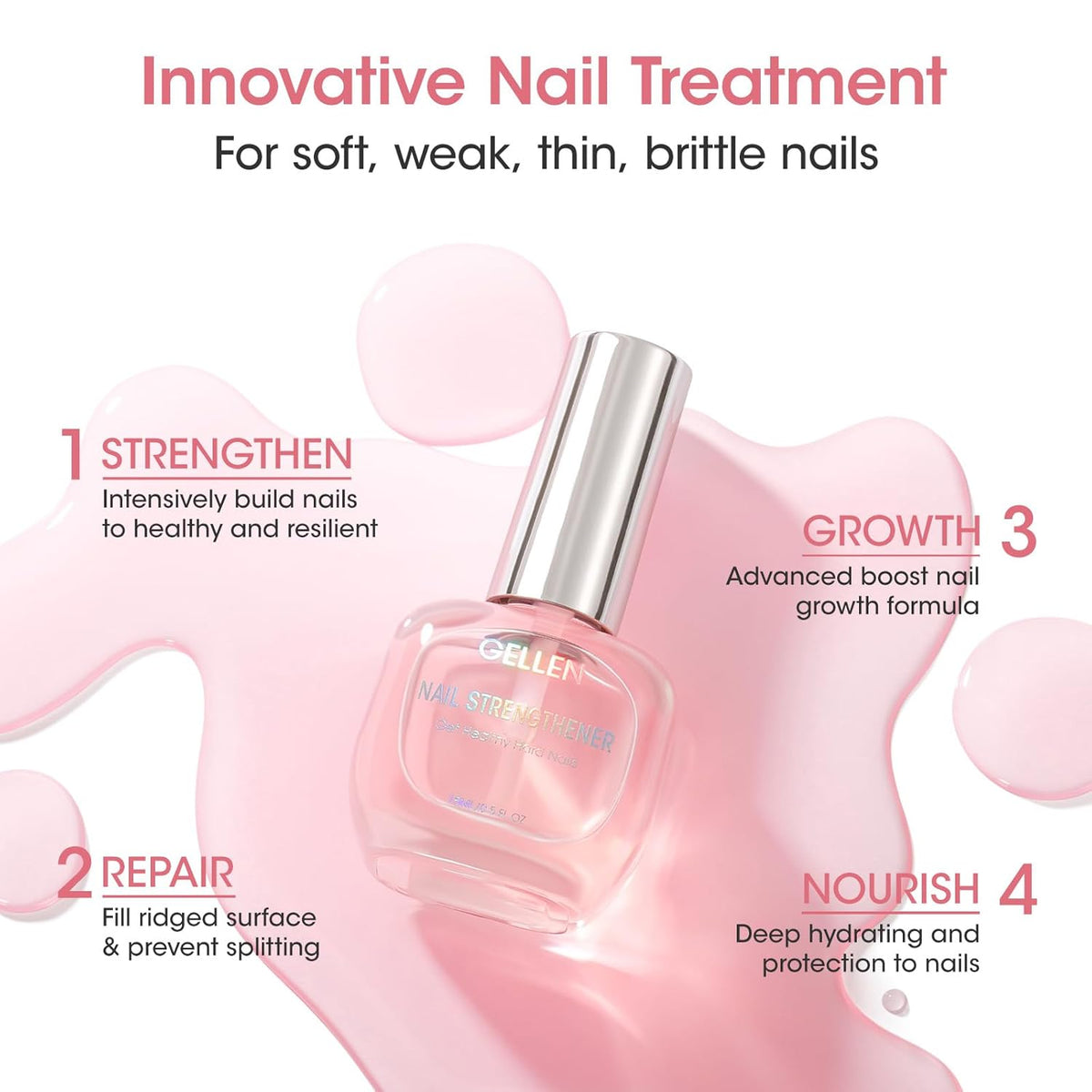 Gellen Nail Strengthener, 8-In-1 Nail Repair Serum Growth for Thin Brittle Damaged Nails, Air Dry