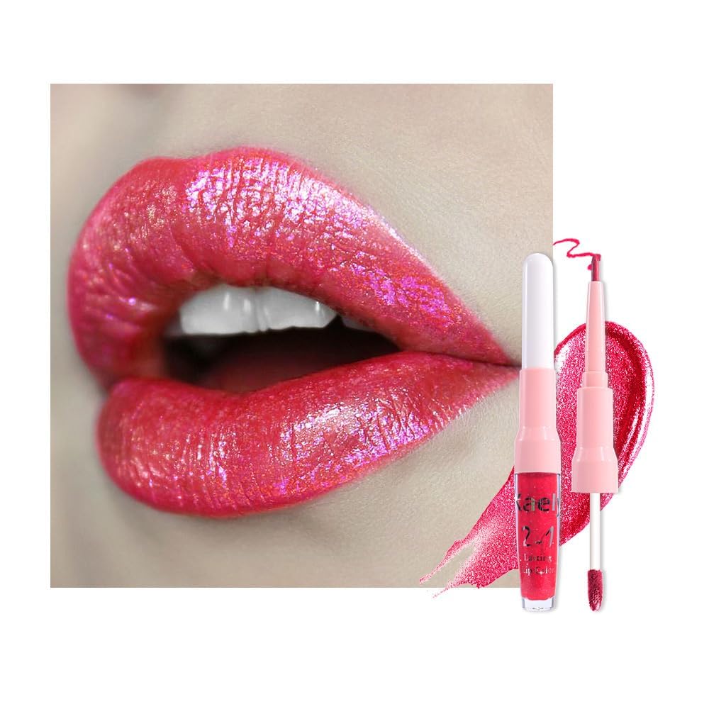 evpct Crushed Ruby Red Metallic Glitter Lip Liner and Lipstick Combo Lip Gloss Stain Set Makeup for