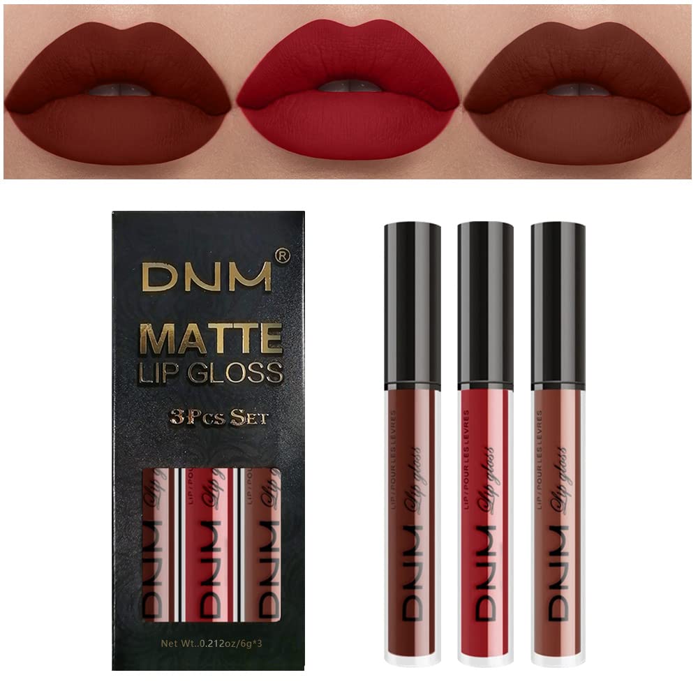 evpct 3Pcs Matte 24-hour Liquid Lipstick Sets, Dark Ruby Brown Red Permanent Stay on Lipstick Lip