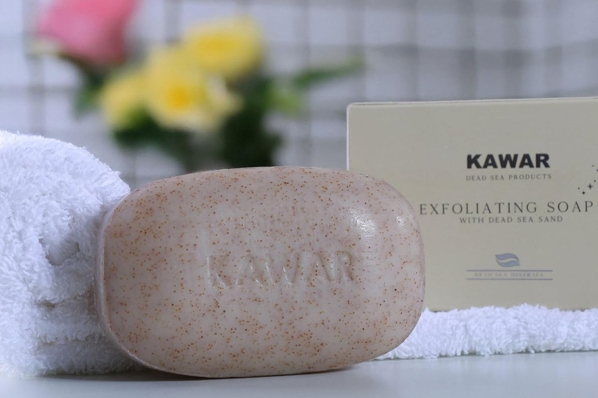 KAWAR Dead Sea Exfoliating Soap with Dead Sea Sand - Salicylic Acid, Magnesium Chloride, Shea