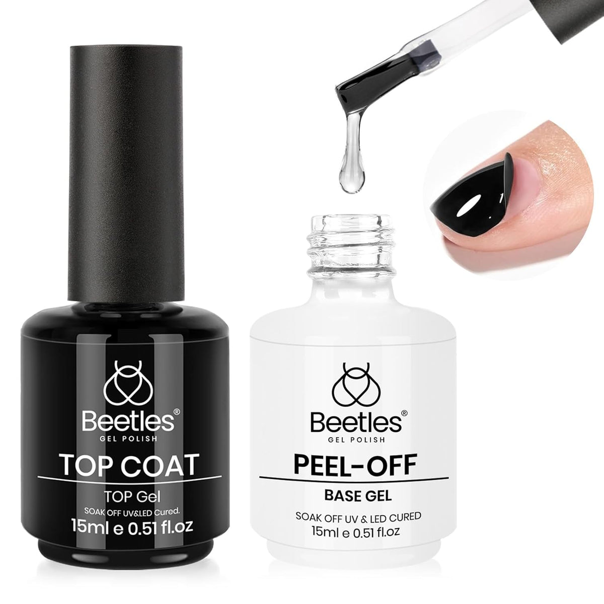 Beetles Peel Off Base Coat and Top Coat Gel Nail Polish Set, 2Pcs 15ml Peelable Base Gel and Top