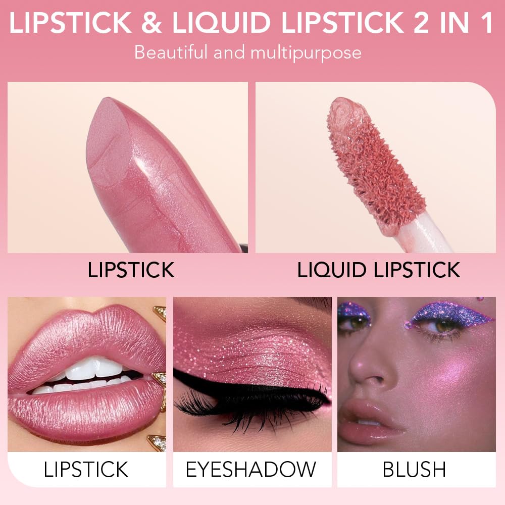 evpct 2 in 1 Light Pink Glitter Metallic Shimmer Diamond Lipstick and Lip Gloss Set for Women Long