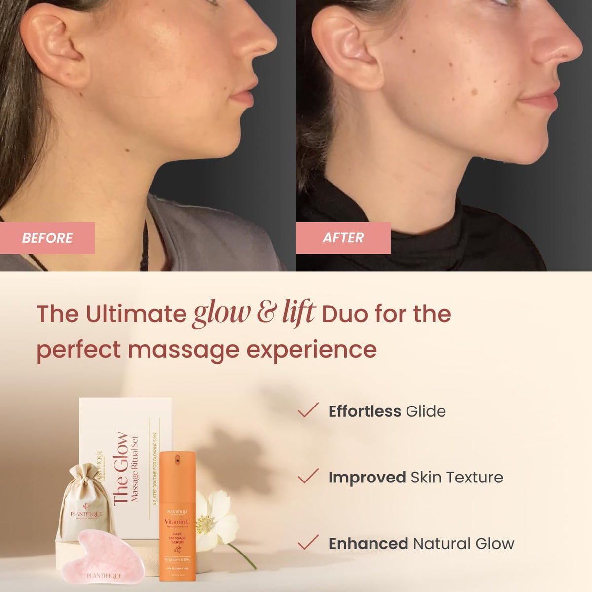 PLANTIFIQUE Massage Ritual Set: Premium Certified Jade Gua Sha + Jojoba Oil & AHA Serum Skin Care