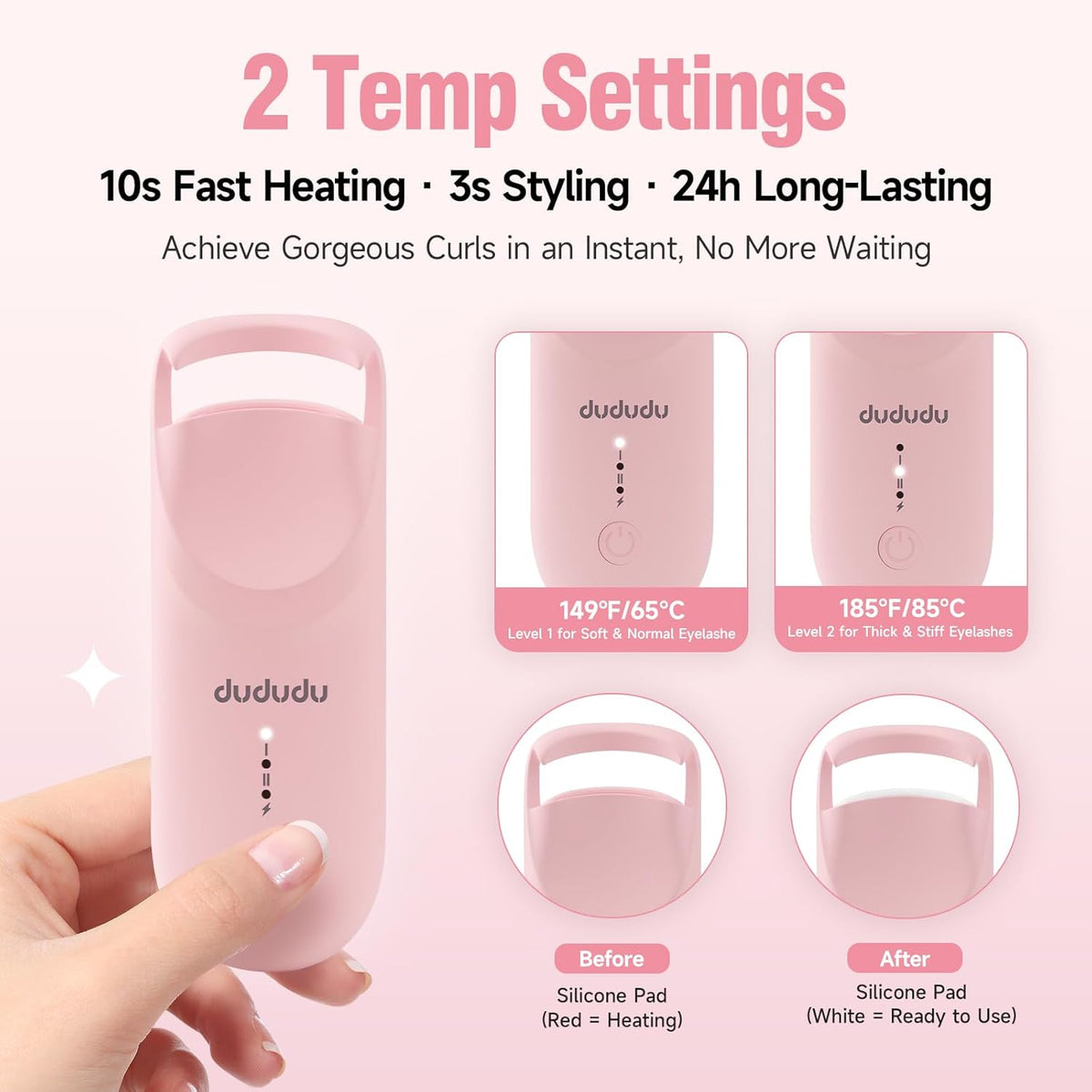 DUDUDU Heated Eyelash Curler, Portable Travel-Size Mini Electric Heated Lash Curler - 2-Level