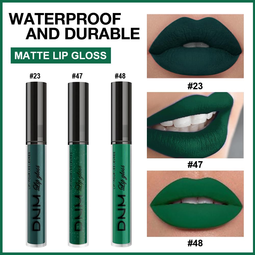 evpct 3Pcs Dark Deep Forest Green Shimmer Matte Liquid Lipstick Lip Stain Sets for Women