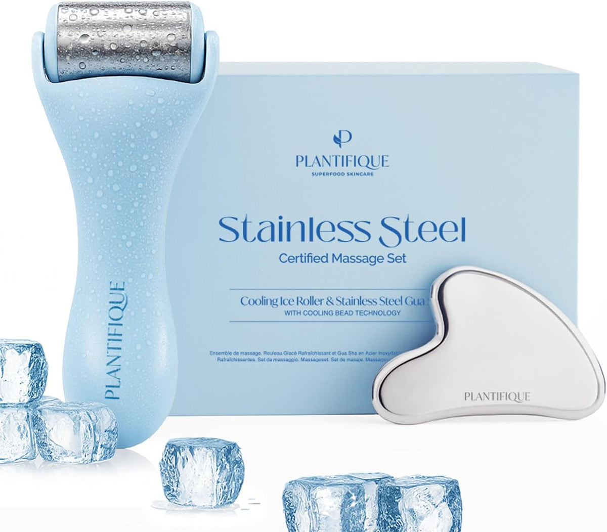 PLANTIFIQUE Facial Ice Roller and Stainless Steel Gua Sha Set - Cryotherapy Skin Care Massage Tools