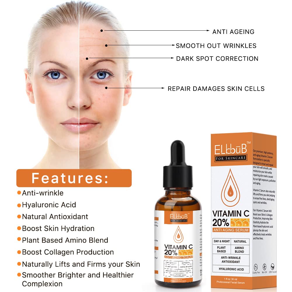 Premium 20% 𝐯𝐢𝐭𝐚𝐦𝐢𝐧 𝐜 𝐬𝐞𝐫𝐮𝐦 - (2PACK) with Hyaluronic Acid, Retinol & Amino Acids