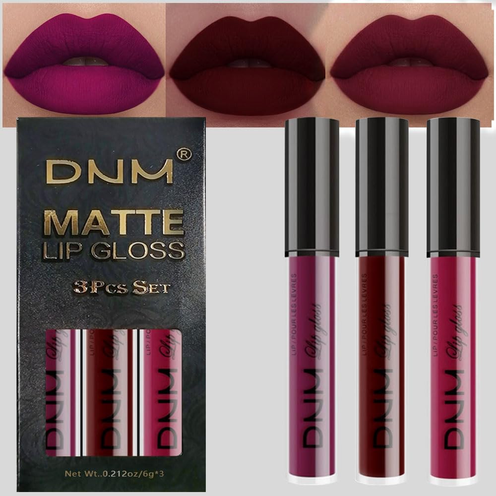 evpct 3Pcs Dark Red Purple Plum Matte Liquid Lipstick Sets for Women Matte Lip Stain Long Lasting
