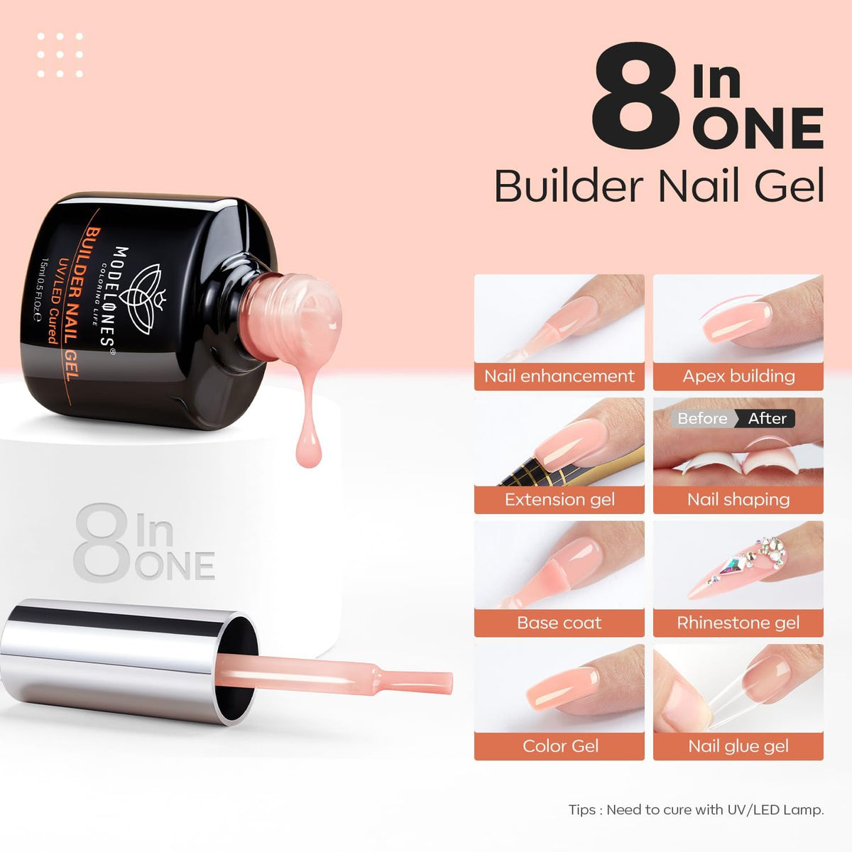 modelones Builder Nail Gel, 8-in-One Sheer Nude Pink Builder, Apricot Blush Pink Rubber Base for