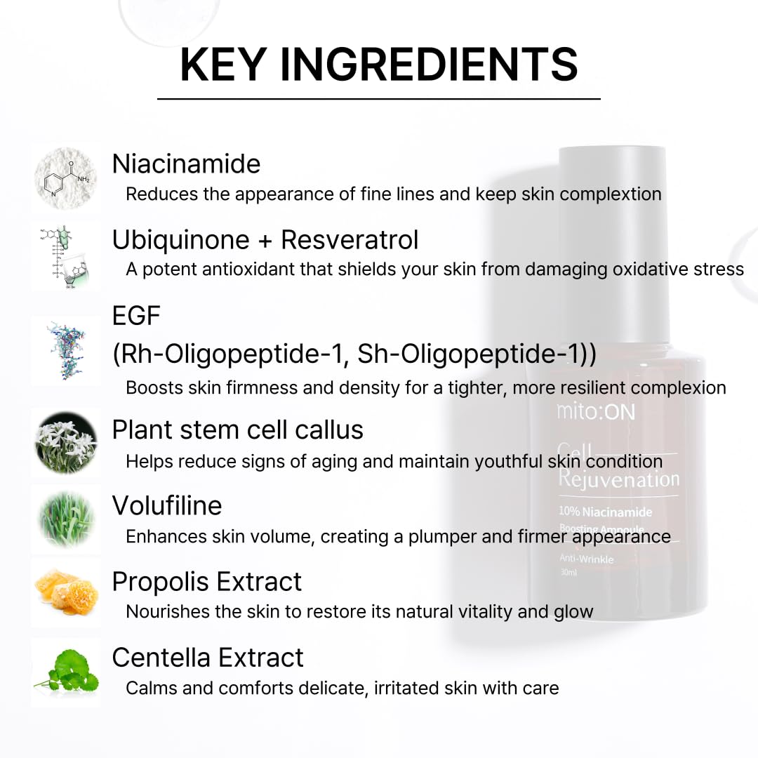 Mito-on Cell Rejuvenation Anti-Aging Serum, 30ml / 1.01 fl.oz –10% Niacinamide, Vitamin B3 and