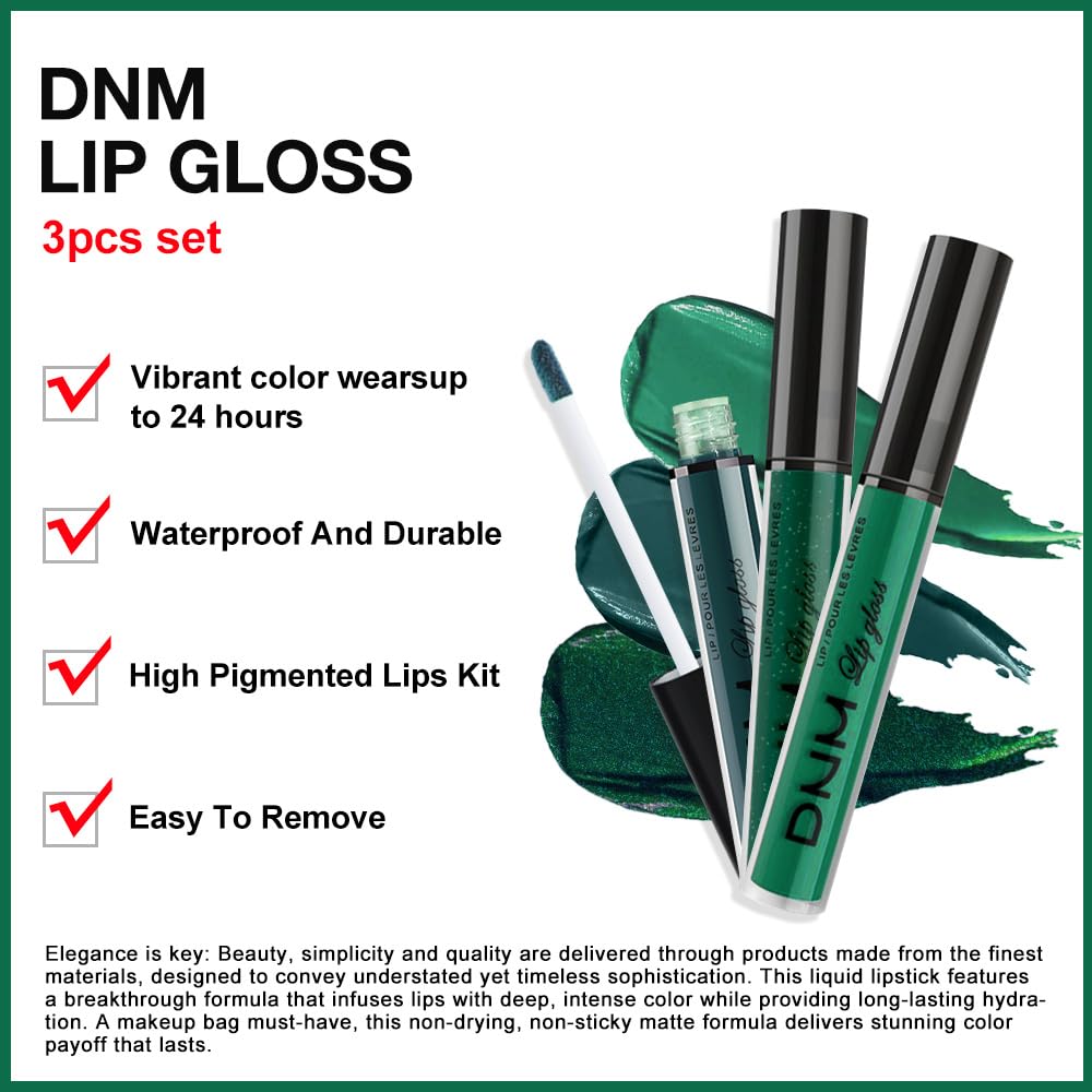 evpct 3Pcs Dark Deep Forest Green Shimmer Matte Liquid Lipstick Lip Stain Sets for Women