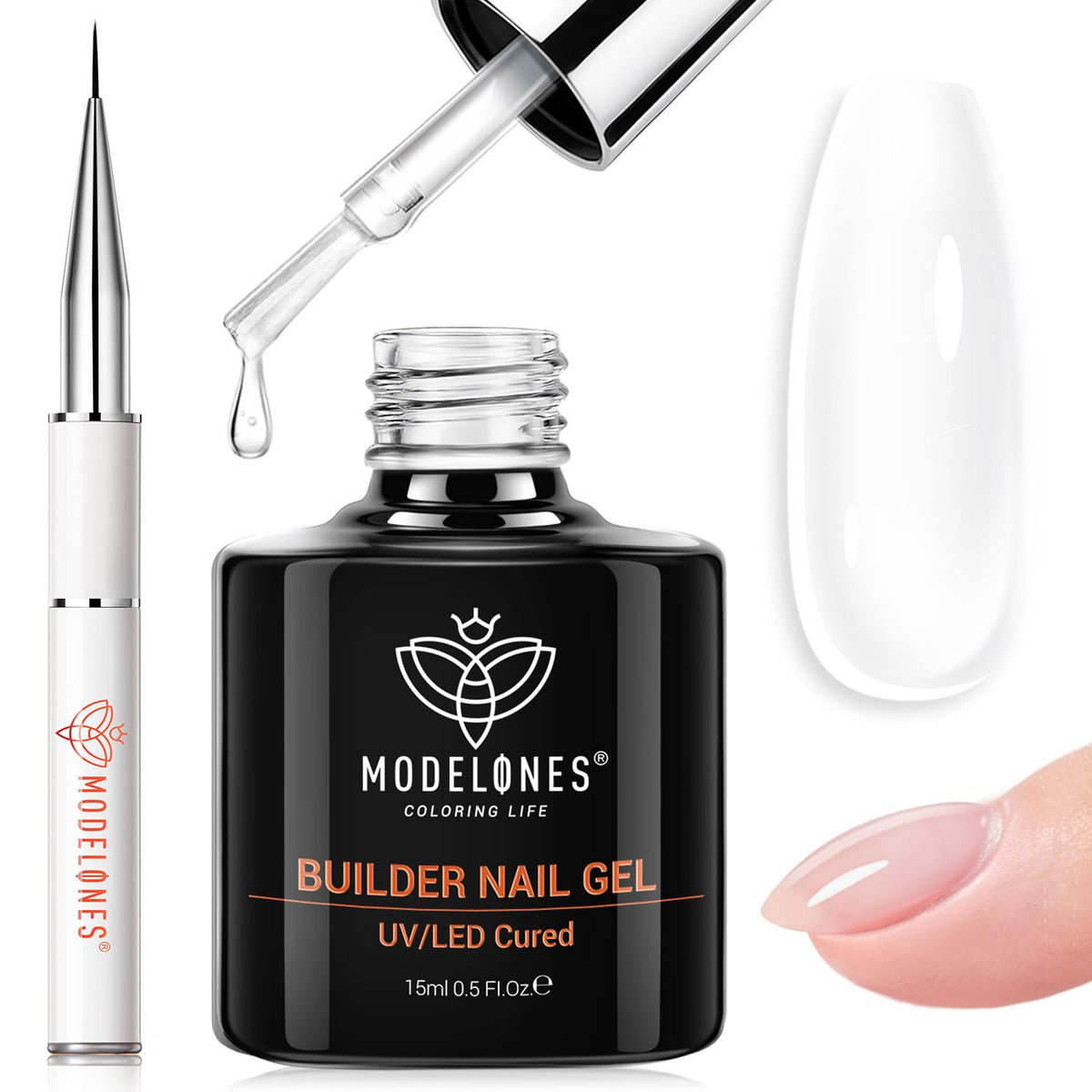 modelones Builder Nail Gel, 7-in-One Clear Builder Nail Polish with Detachable Liner Brush, 15ml
