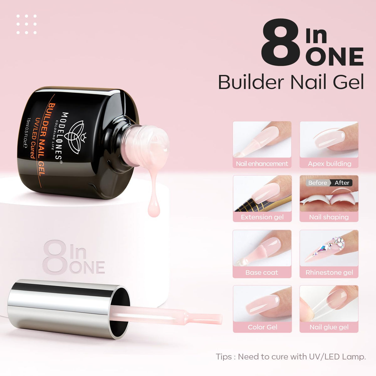 modelones Builder Nail Gel, 8-in-One Cover Nude Builder, LED Lamp Cured Thickening Apex Building