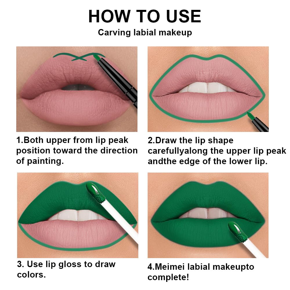 evpct 3Pcs Green Matte Shimmer Lip Liner & Liquid Lipsticks Stain Makeup Set for Women, Green Lip