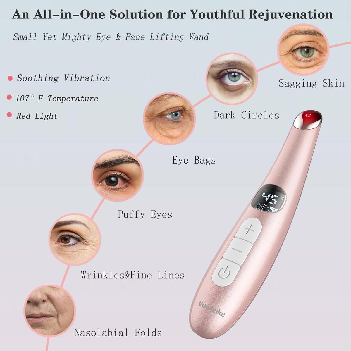 Eye Lift Wand, 3 in 1 Vibrating 98°F to 113°F LCD Eye Massager for Dry Eyes, Dark Circles and