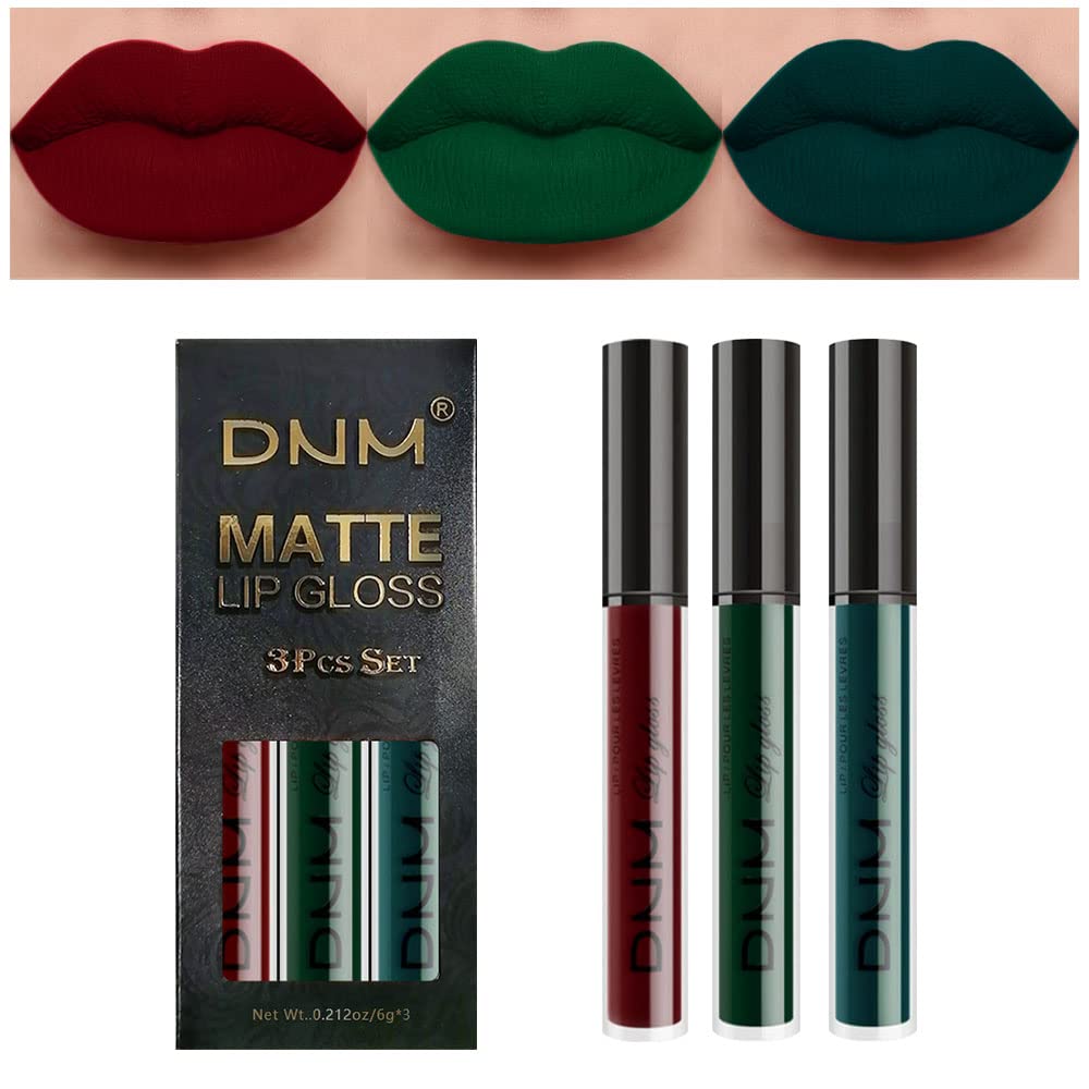 evpct 3Pcs Dark Color Colored Red Emerald Green Matte Liquid Lipstick Make up Set 24 Hour Long
