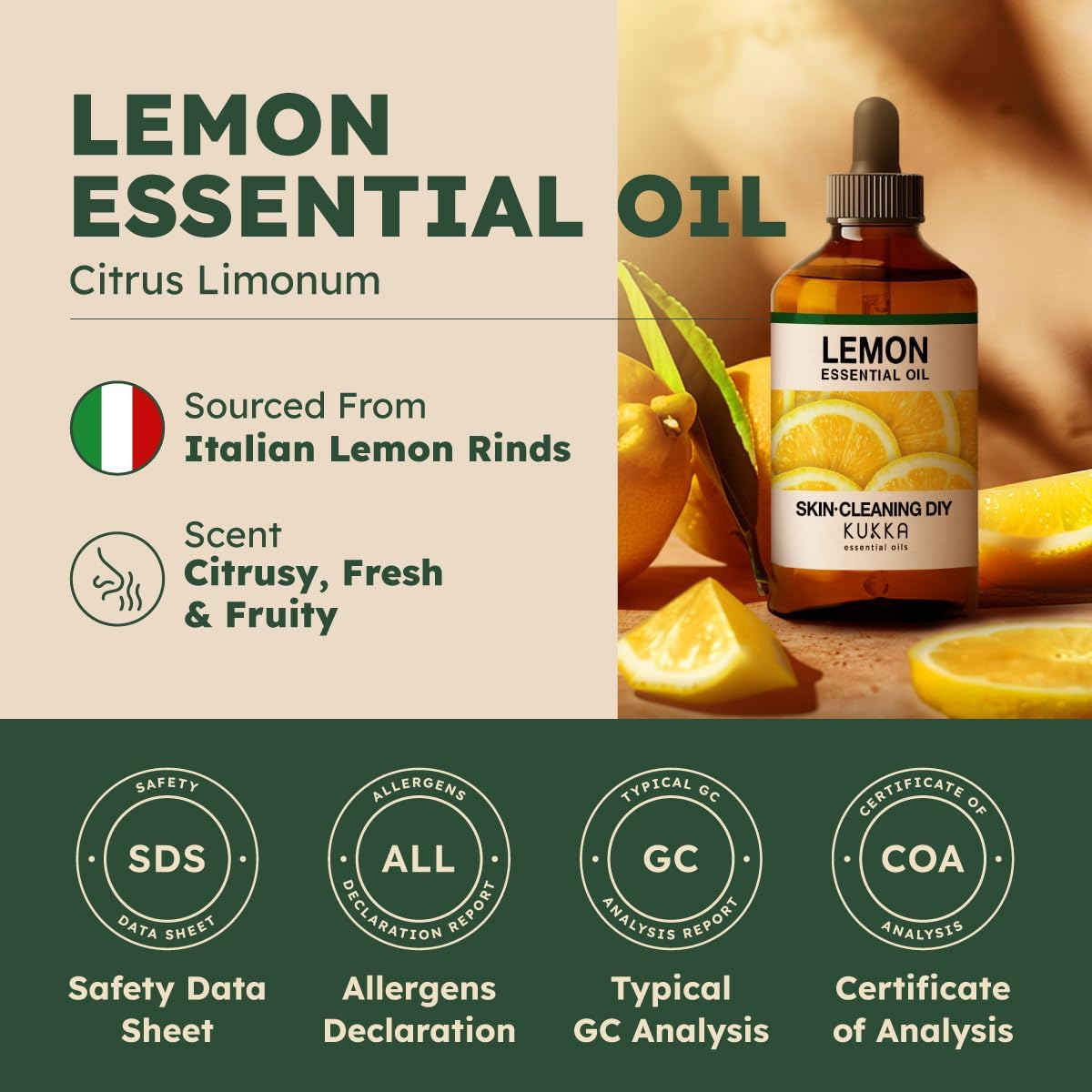 Kukka Lemon Essential Oil for Skin Cleaning - 4 Fl Oz - Fresh Lemon Scent, for Diffuser