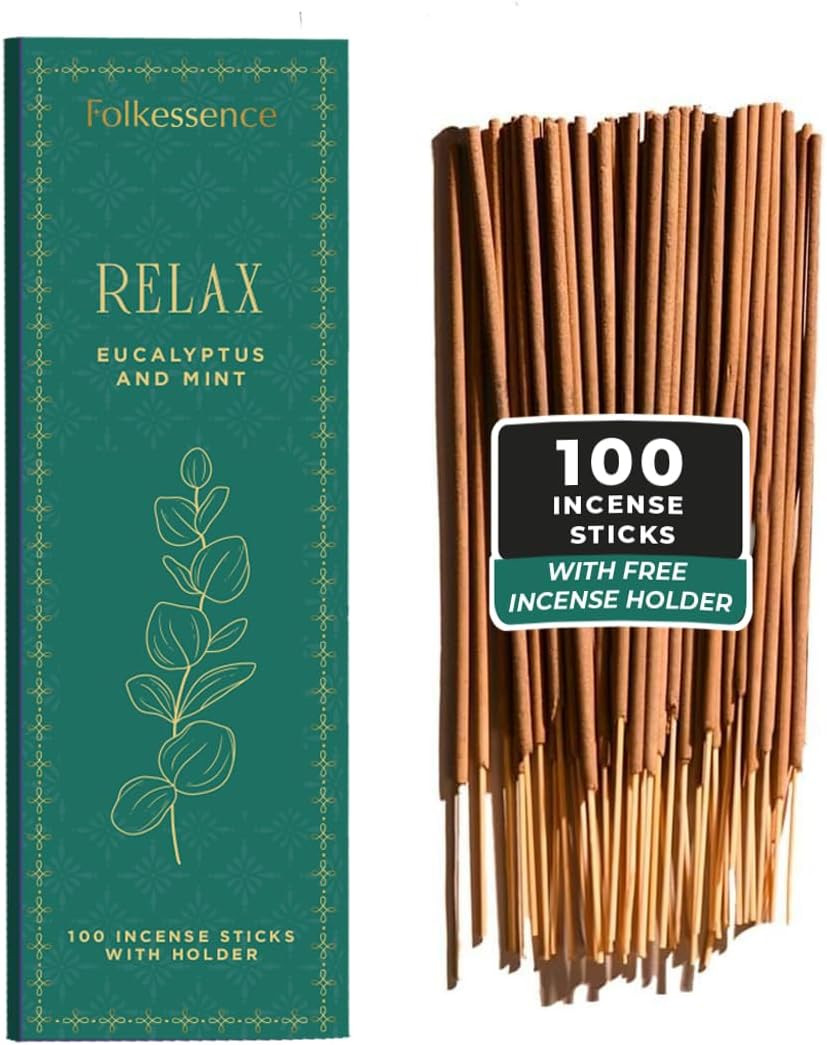 Folkulture Incense Sticks | Set of 100 Insence-Sticks with Holder for Relaxation | Eucalyptus &