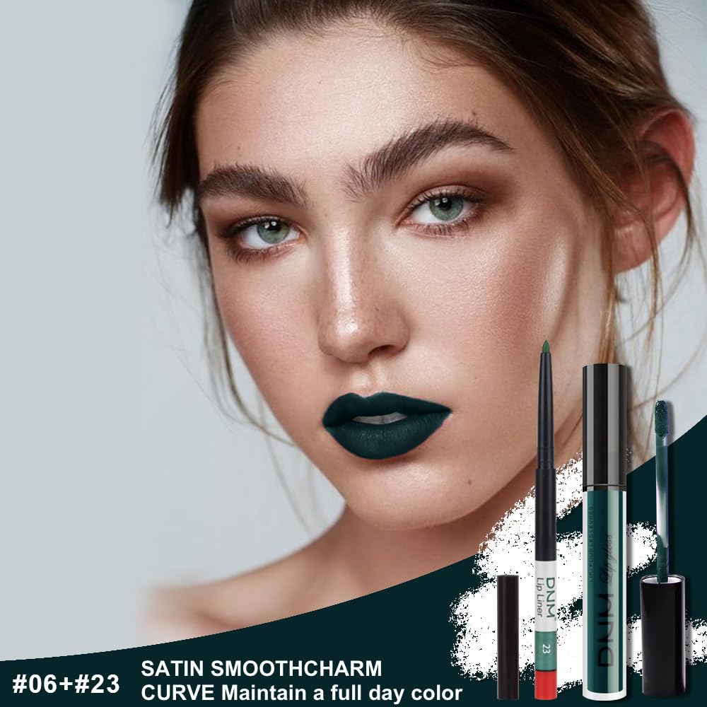 evpct 2Pcs Matte Dark Green Lipstick and Lip Liner Gloss Makeup Set matt Matte Liquid Lipstick Long