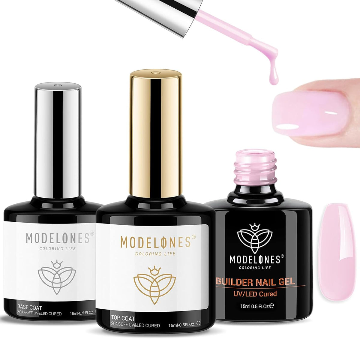 modelones Builder Nail Gel with Gel Base Top Coat, 3Pcs Baby Pink Builder Nail Kit for Apex