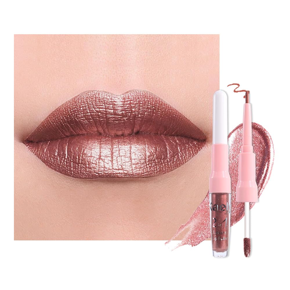 evpct Dark Bronze Metallic Shimmer Lip Liner and Lipstick Combo Lip Gloss Stains Set Makeup for