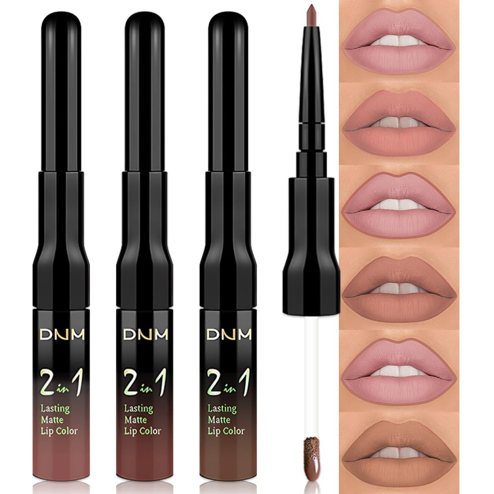 evpct 3Pcs Pale Neutral True Nude Matte Lip Liner & Liquid Lipstick Stain Makeup Set for Women, Lip
