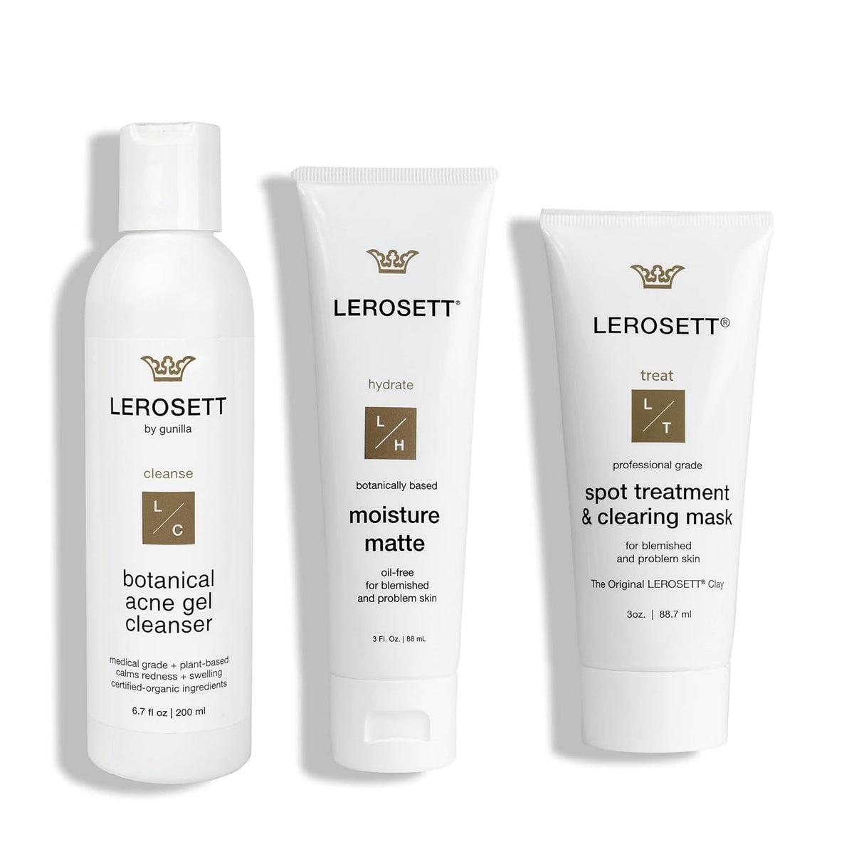 LEROSETT Acne Kit Includes Cleanser Moisturizer & Spot Treatment Mask Organic Calming Aloe & Clay