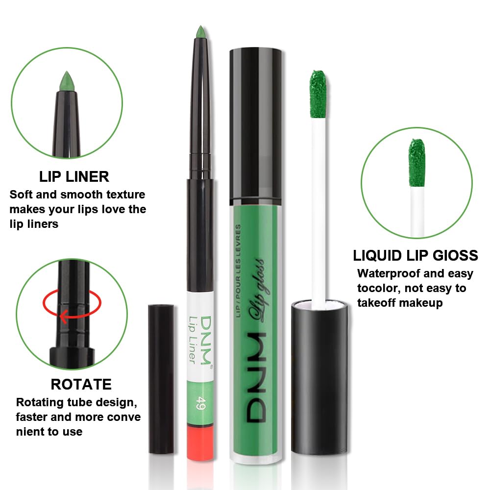 evpct 2Pcs Light Festival Green Matte Liquid Lipstick Lip Gloss Stain and Retractable Lip Liner