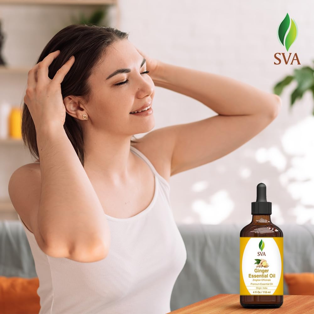 SVA Ginger Essential Oil – 4 Fl Oz – 100% Natural Ginger Oil - for Diffuser, Hair Care, Face, Skin