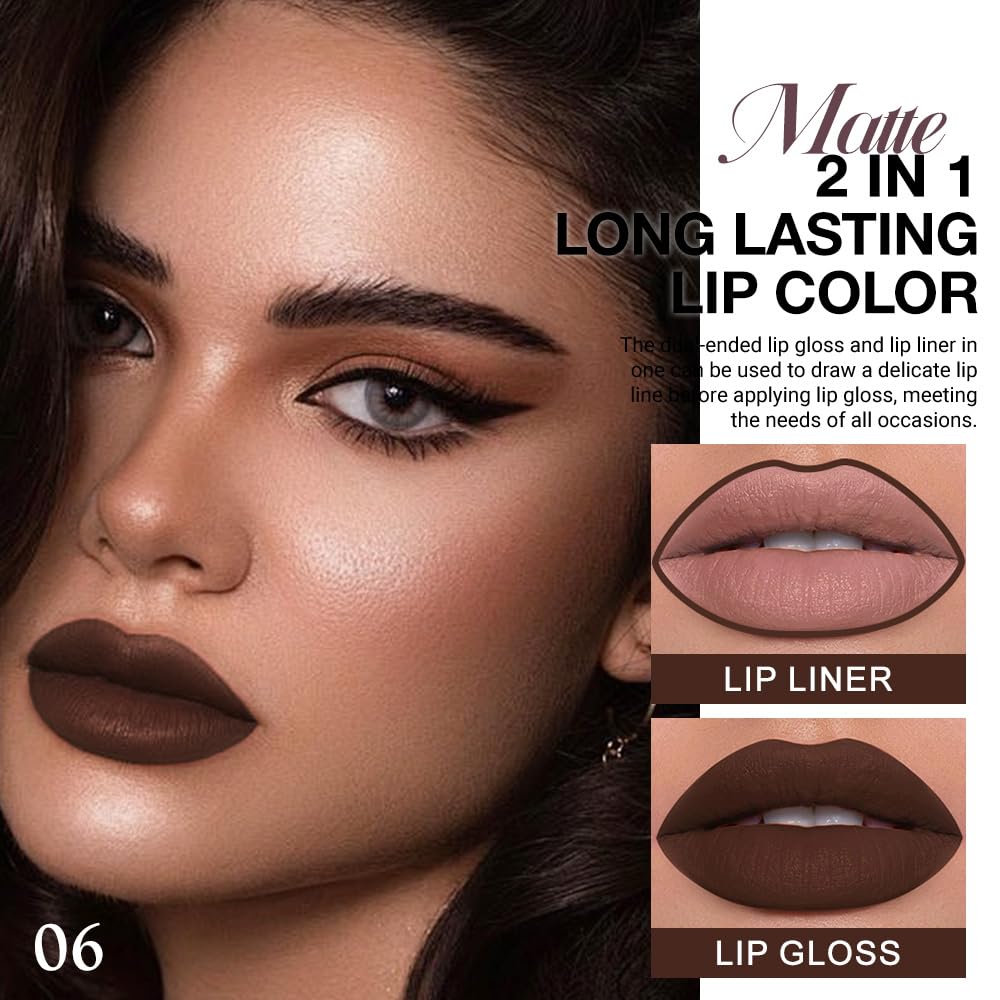 evpct 1Pcs Dark Deep Brown Chocolate Matte Lip Liner and Liquid Lipstick Stain Makeup Set for