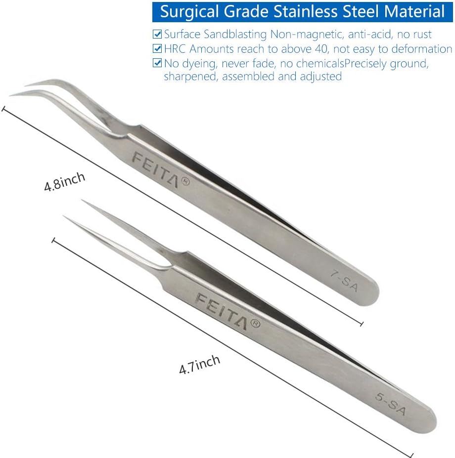 FEITA Precision Eyelash Extension Tweezers Set - Professional Straight & Curved Pointed Very Fine