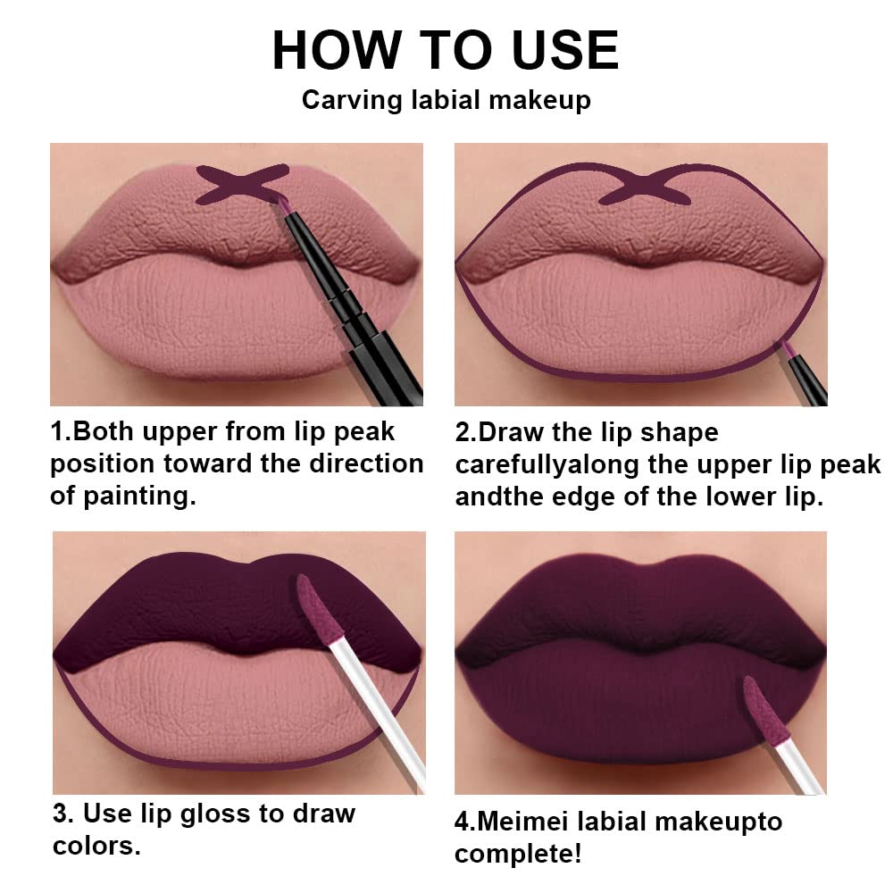 evpct 3Pcs Dark Plum Purple Rose Dark red Matte Lip Liner Pencil and Liquid Lipstick Sets for Women