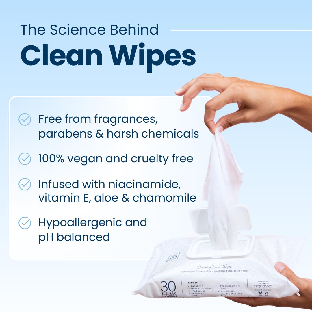 Clean Skin Club XL Premium Face Wipes, Extra Moist Makeup Removing Towelettes, Facial Cleansing