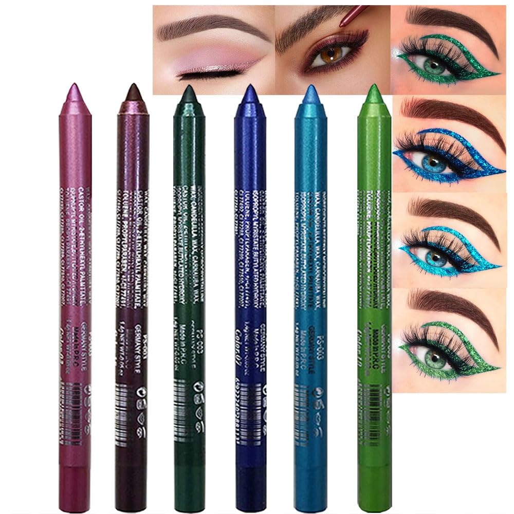 Kaely 6Pcs Glitter Gel Eyeliner Pencil Set for Women, Color Eye Liner Waterproof Smudge Proof with