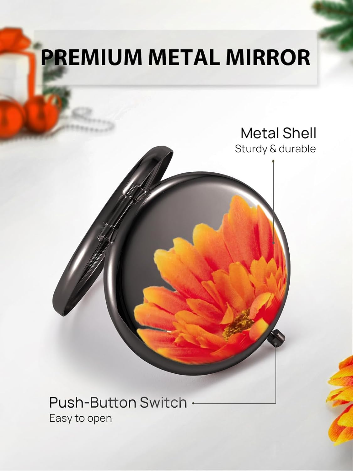 Compact Mirror, Set of 2 Double-Sided 1X/2X Magnifying Purse Pocket Makeup Mirrors(Round, Onyx